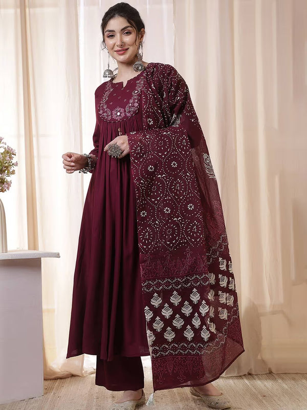 Kimayra Rayon Calf Length Solid 3/4 Sleeves Round Neck Flared Kurta Suit Set