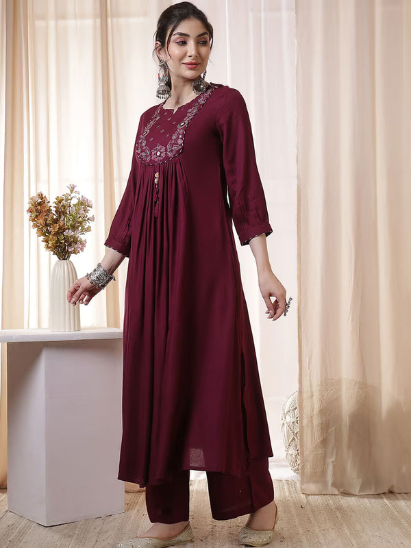 Kimayra Rayon Calf Length Solid 3/4 Sleeves Round Neck Flared Kurta Suit Set