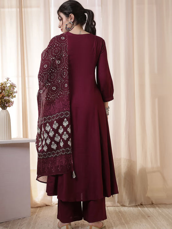 Kimayra Rayon Calf Length Solid 3/4 Sleeves Round Neck Flared Kurta Suit Set