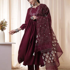 Kimayra Rayon Calf Length Solid 3/4 Sleeves Round Neck Flared Kurta Suit Set