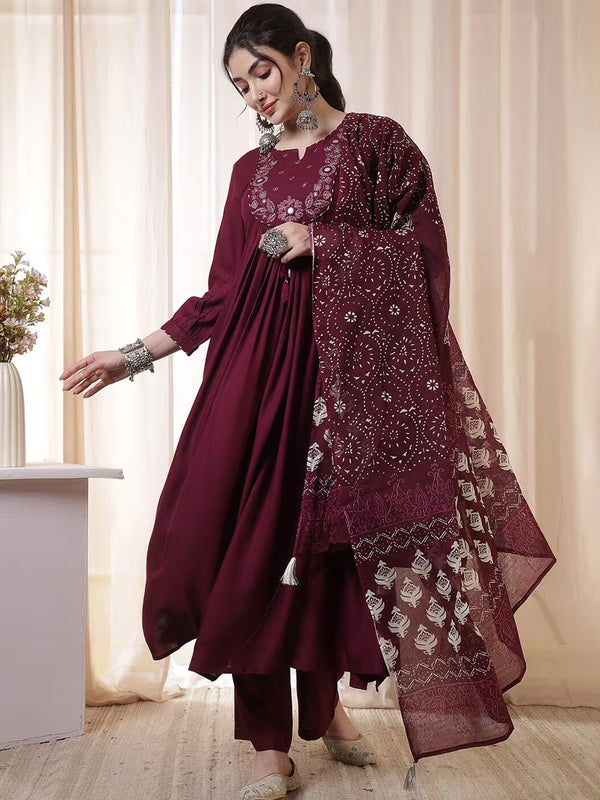 Kimayra Rayon Calf Length Solid 3/4 Sleeves Round Neck Flared Kurta Suit Set