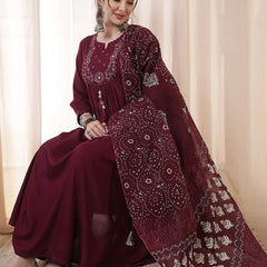 Kimayra Rayon Calf Length Solid 3/4 Sleeves Round Neck Flared Kurta Suit Set