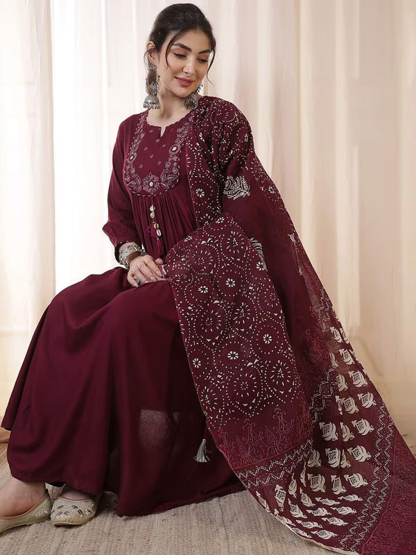 Kimayra Rayon Calf Length Solid 3/4 Sleeves Round Neck Flared Kurta Suit Set