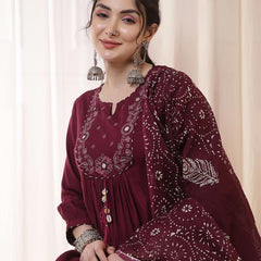 Kimayra Rayon Calf Length Solid 3/4 Sleeves Round Neck Flared Kurta Suit Set