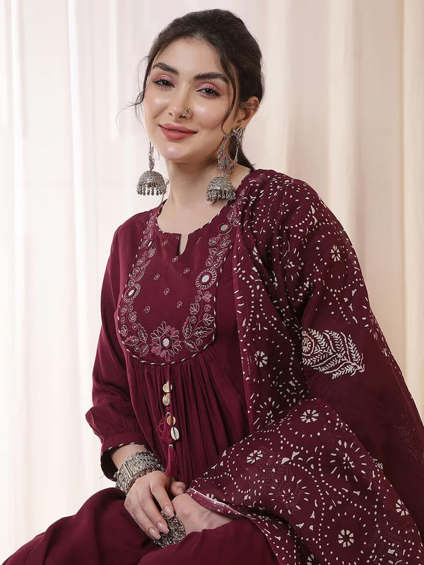 Kimayra Rayon Calf Length Solid 3/4 Sleeves Round Neck Flared Kurta Suit Set