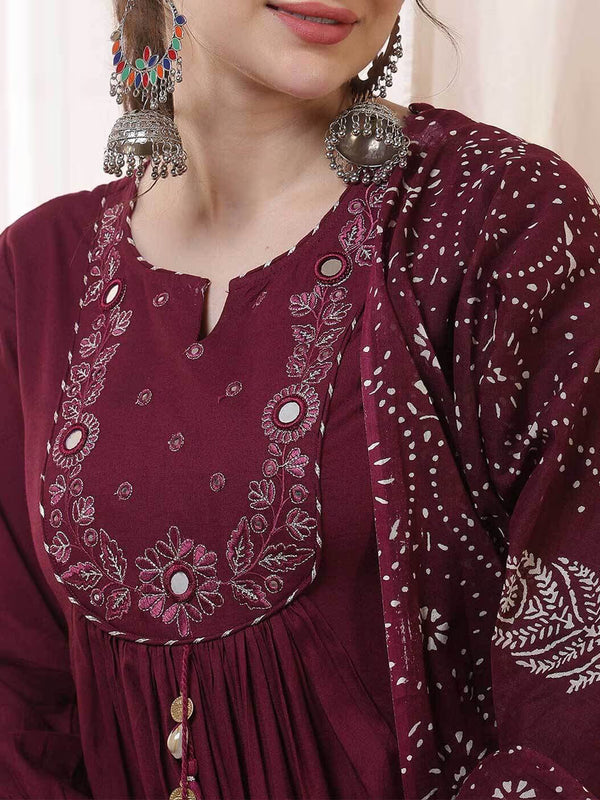 Kimayra Rayon Calf Length Solid 3/4 Sleeves Round Neck Flared Kurta Suit Set