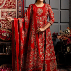Kimayra Cotton Calf Length Printed 3/4 Sleeves Round Neck Anarkali Kurta Suit Set