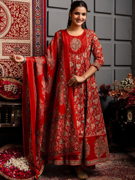 Kimayra Cotton Calf Length Printed 3/4 Sleeves Round Neck Anarkali Kurta Suit Set