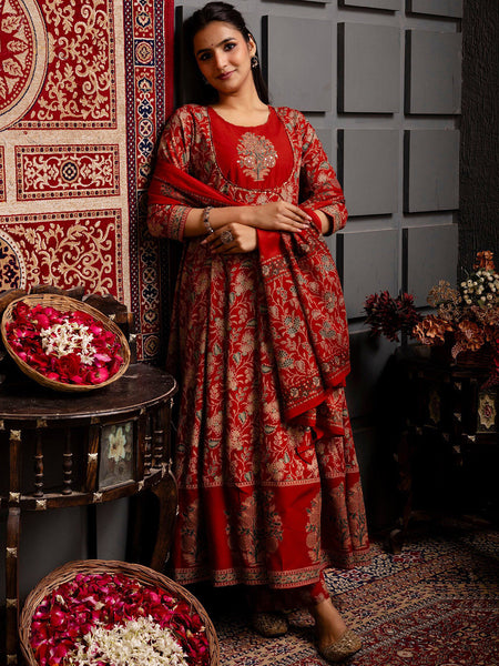 Kimayra Cotton Calf Length Printed 3/4 Sleeves Round Neck Anarkali Kurta Suit Set