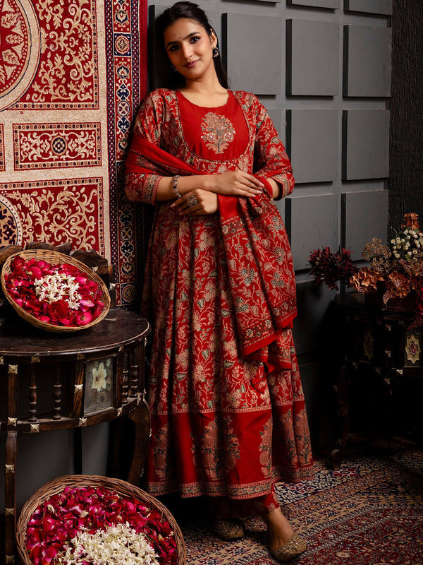 Kimayra Cotton Calf Length Printed 3/4 Sleeves Round Neck Anarkali Kurta Suit Set
