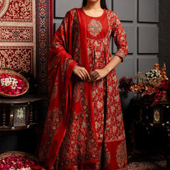 Kimayra Cotton Calf Length Printed 3/4 Sleeves Round Neck Anarkali Kurta Suit Set