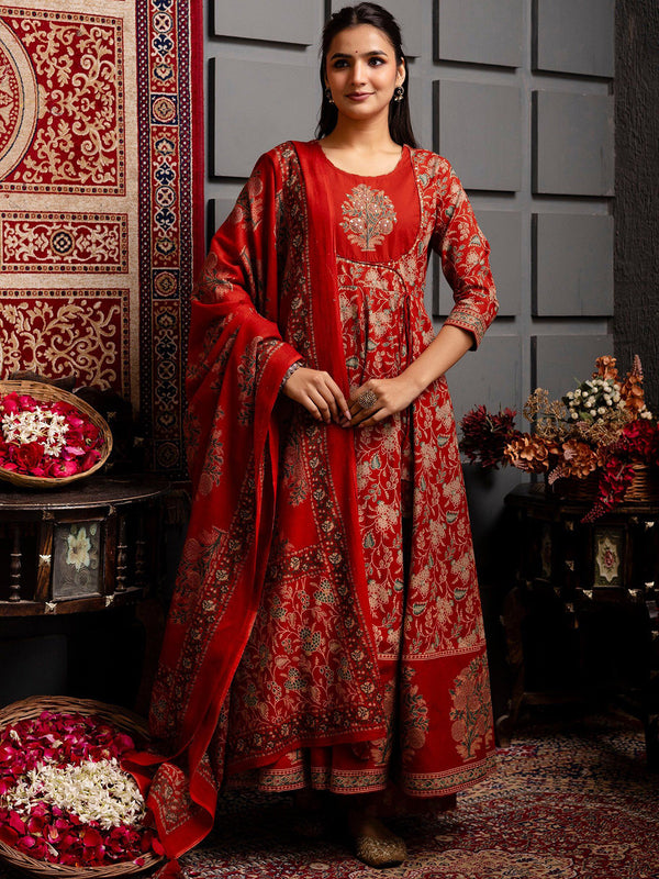 Kimayra Cotton Calf Length Printed 3/4 Sleeves Round Neck Anarkali Kurta Suit Set