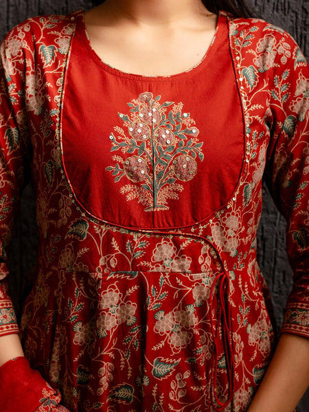 Kimayra Cotton Calf Length Printed 3/4 Sleeves Round Neck Anarkali Kurta Suit Set