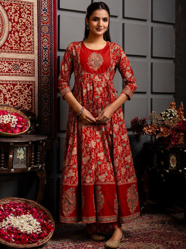 Kimayra Cotton Calf Length Printed 3/4 Sleeves Round Neck Anarkali Kurta Suit Set
