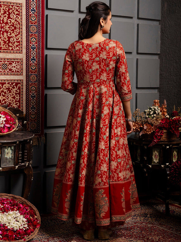 Kimayra Cotton Calf Length Printed 3/4 Sleeves Round Neck Anarkali Kurta Suit Set