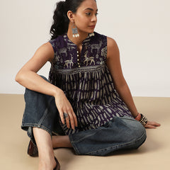 Kimayra Cotton Hip Length Printed Sleeveless Mandarin Collar Flared Top