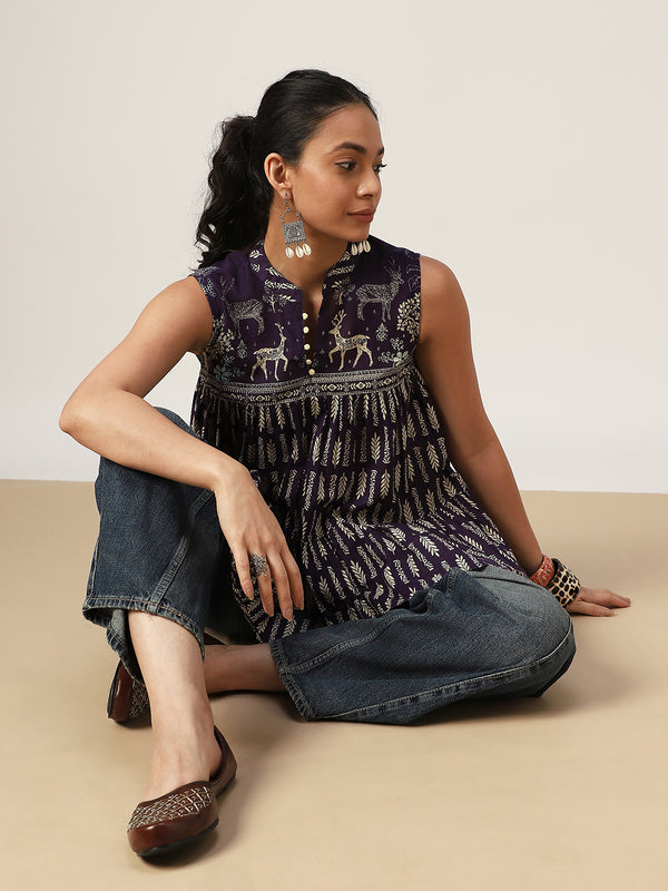 Kimayra Cotton Hip Length Printed Sleeveless Mandarin Collar Flared Top