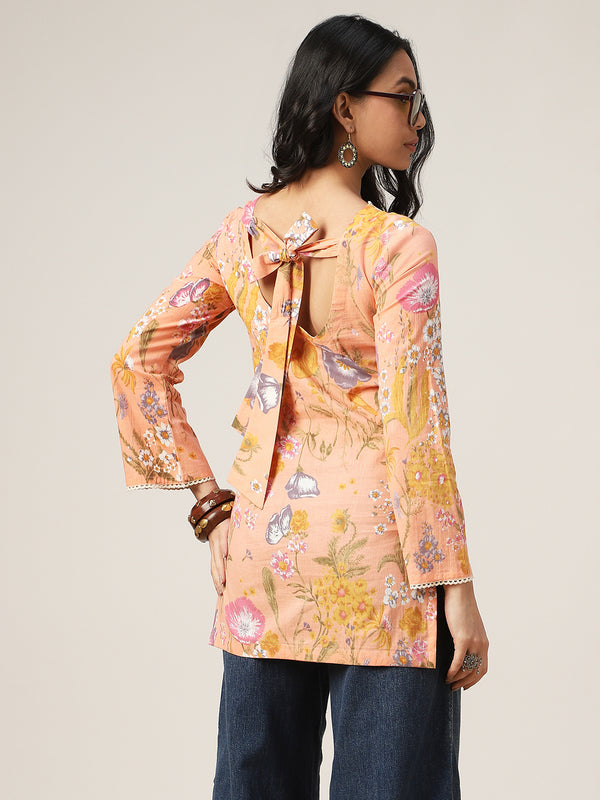 Kimayra Cotton Hip Length Printed Full Sleeve V-Neck Straight Top