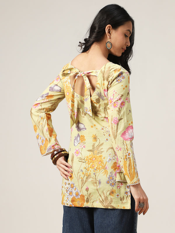 Kimayra Cotton Hip Length Printed Full Sleeve V-Neck Straight Top