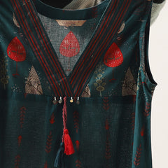 Kimayra Cotton Mid Length Printed Sleeveless V-Neck Flared Dress