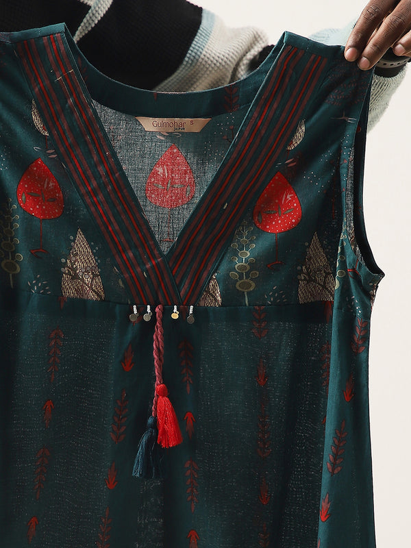 Kimayra Cotton Mid Length Printed Sleeveless V-Neck Flared Dress